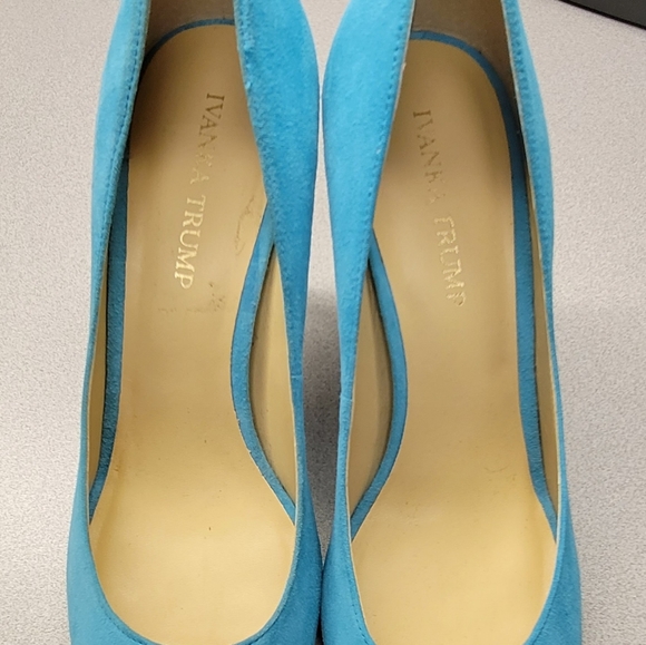 Ivanka Trump Teal Suede Open Toe Heels - Picture 7 of 7